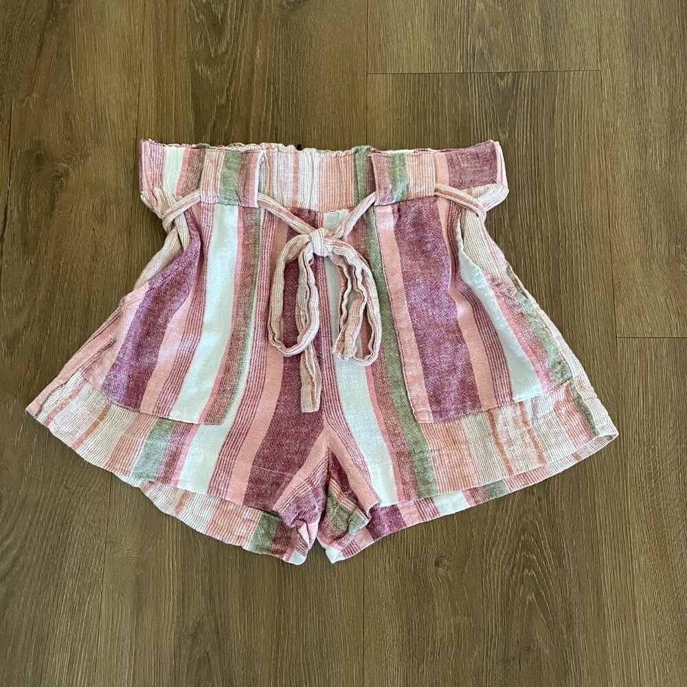 ban.jara Womens Medium Paper Bag Waist Shorts Linen Blend Striped Beach Summer - Picture 2 of 5